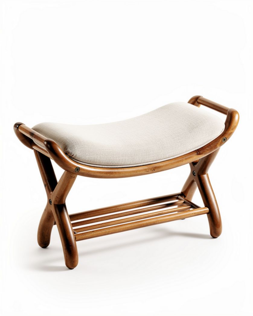 Pouf de salon en bambou avec assise en tissu - 50 x 30 x 40cm
